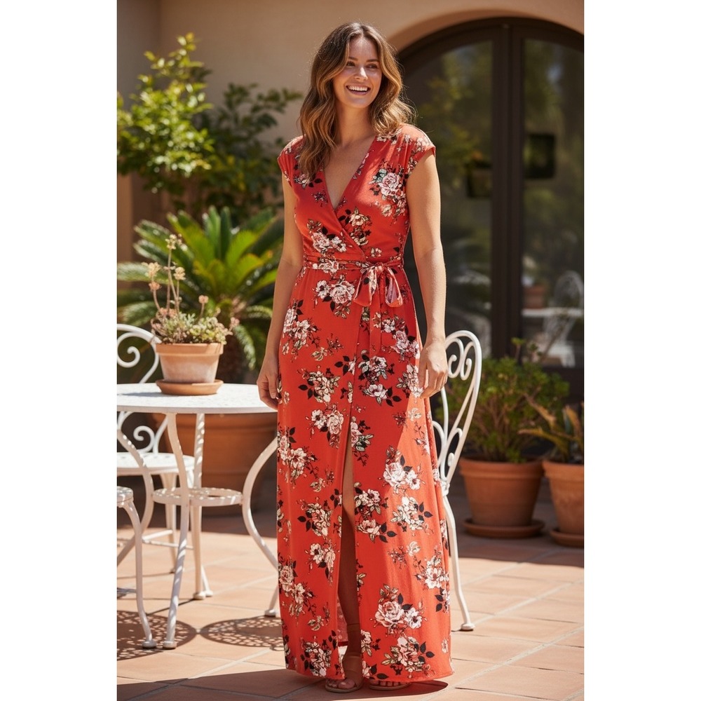 Stella Tweed Floral Maxi Dress Rust Orange Red Wrap V-Neck Short Sleeve Small